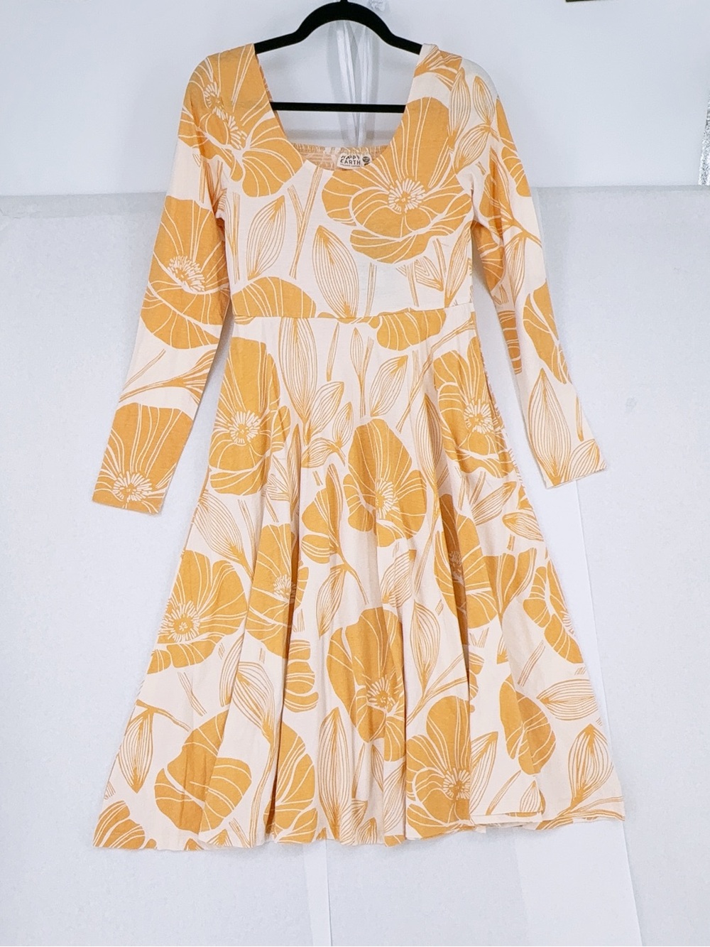 Happy earth Organic Midi Fit + Flare Dress long sleeve Golden Poppies MWT size m